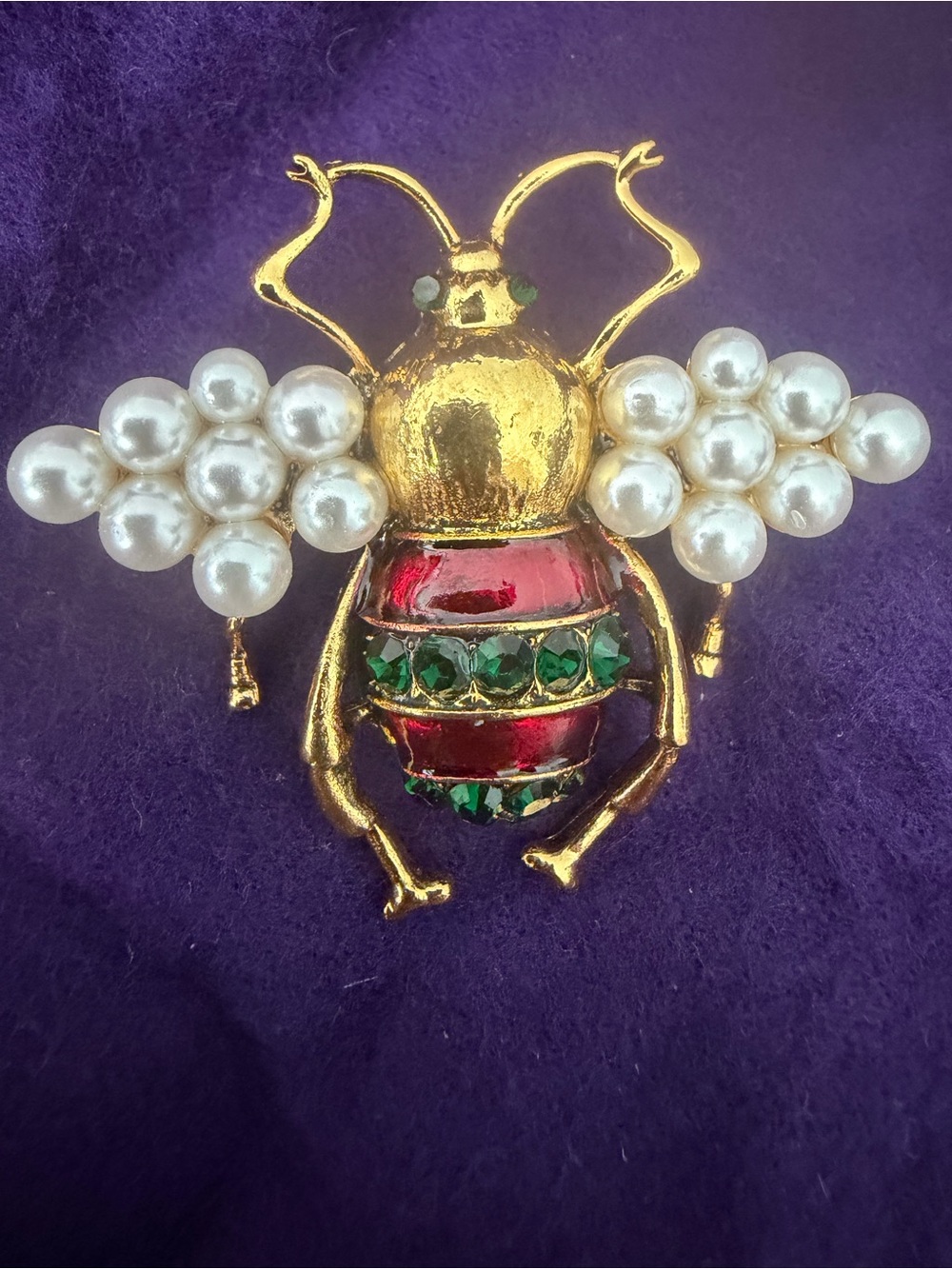 RARE Gold-Tone Bee Brooch with Red Enamel, Green Stones and Pearl Wings. Kitschy